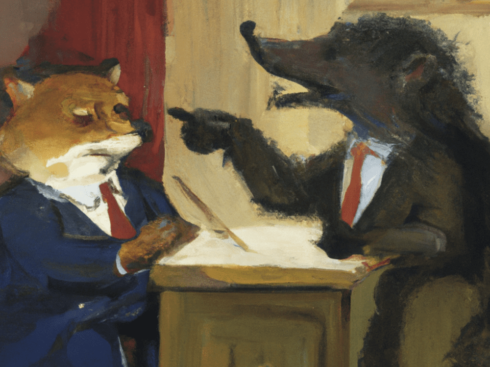 Image of a fox and a hedgehog conversing